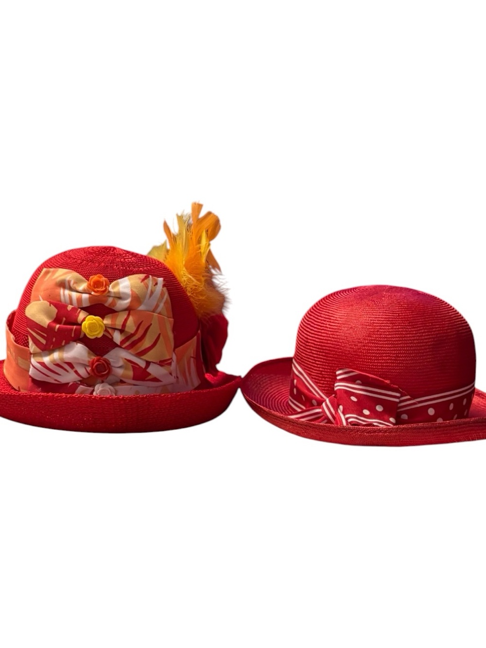 Vintage Bright Red Women's Straw Dress Hats with Decorative Bands